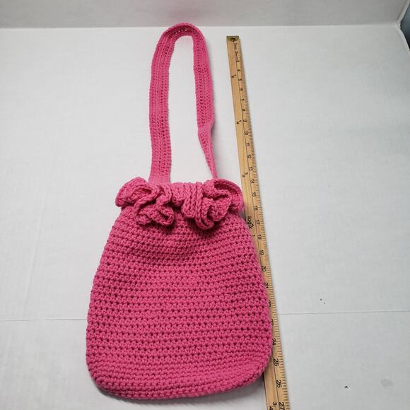 Crochet Shoulder Bag Pink Medium Purse Handmade Ruffle Dollcore Coquette Spring - Picture 11 of 12